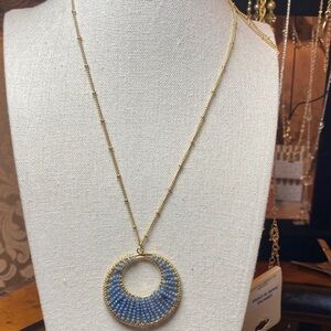 Gold-Tone Necklace with Blue Beaded Circular Pendant